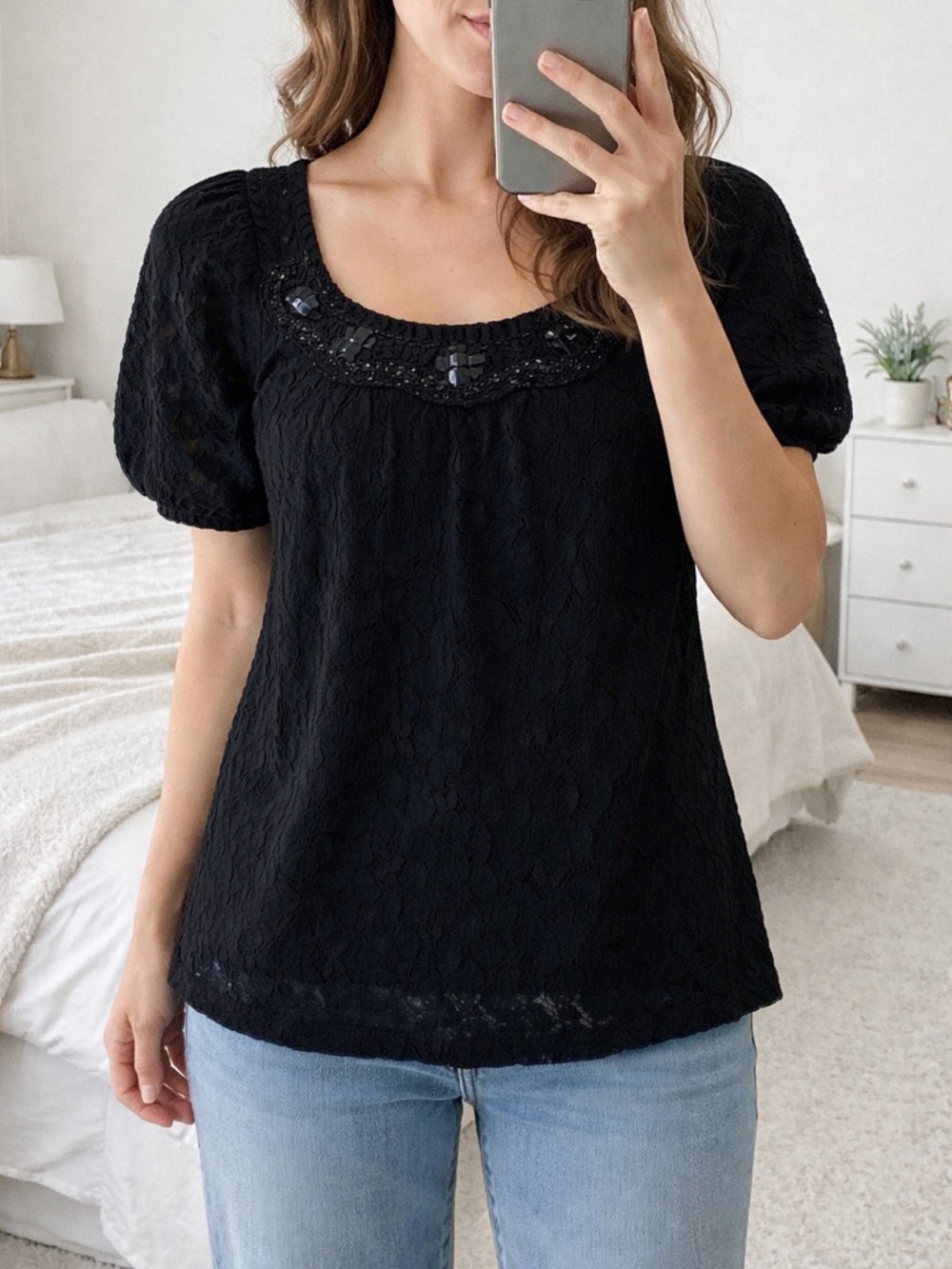 Black Lace Beaded Top Women Small Puff Sleeve‎ Whimsygoth Fairycore Boho Goth
